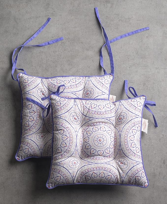 Maison d' Hermine Chair Pads for Dining Chairs Cotton Outer Fabric and Poly Filling 16"x16" Patio Seat Cushions for Furniture with Ties Home Chair Party Hall Farmhouse (Mandala, Pack of 2)