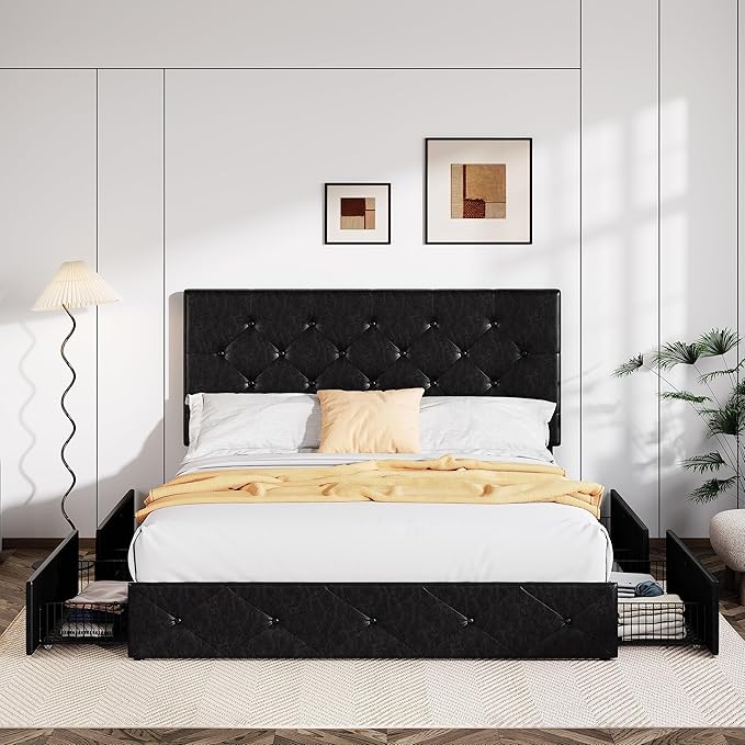 Allewie Upholstered Full Size Platform Bed Frame with 4 Storage Drawers and Headboard, Diamond Stitched Button Tufted, Mattress Foundation with Wooden Slats Support, No Box Spring Needed, Black