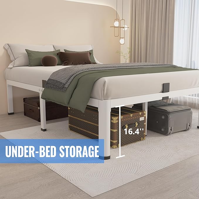 MAF 18 Inch King Size Bed Frame White with Round Corner Legs Mattress Slide Stopper No Box Spring Needed Heavy Duty Metal Platform Bed Frames Under-Bed Storage Space, 3000 LBS Steel Slats Support