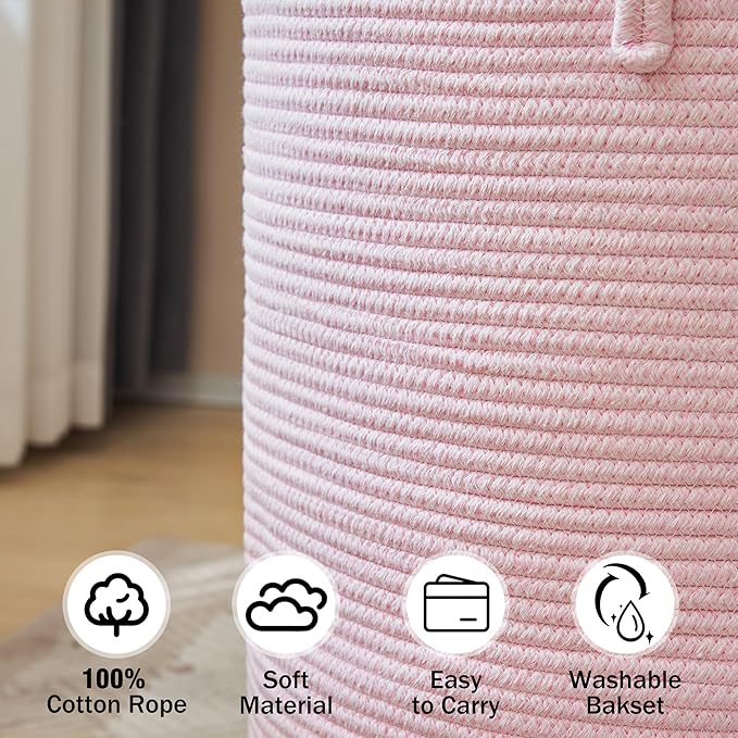 Woven Rope Laundry Hamper, 58L Tall Luandry Basket, Baby Nursery Hamper for Blanket Storage in Bedroom-Large-Pink