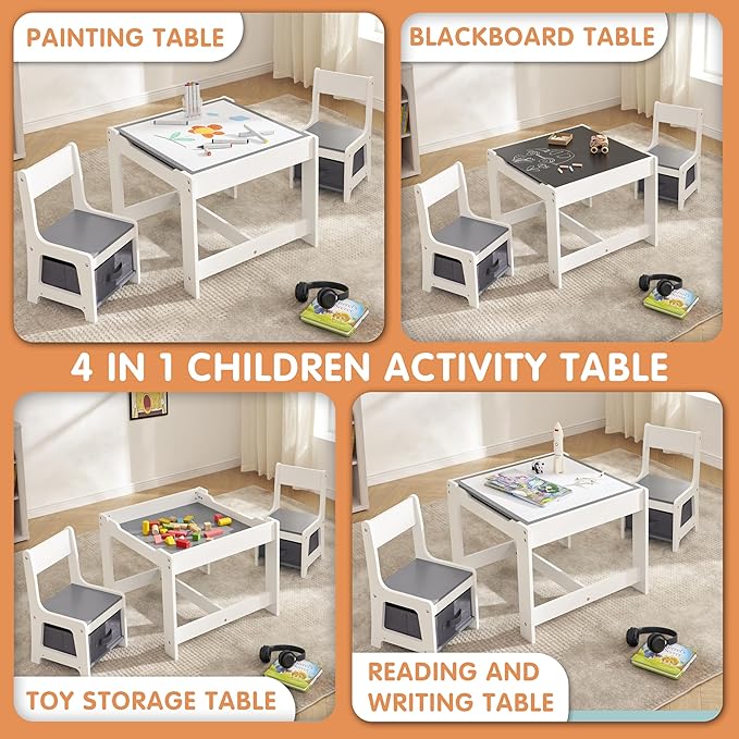 Kids Table and Chair Set, 3 in 1 Children Activity Table with Storage Drawer, 2 in 1 Tabletop Removable Blackboard for Crafts, Arts, Drawing, Reading, Toddler Table and Chair Set for Boys & Girls