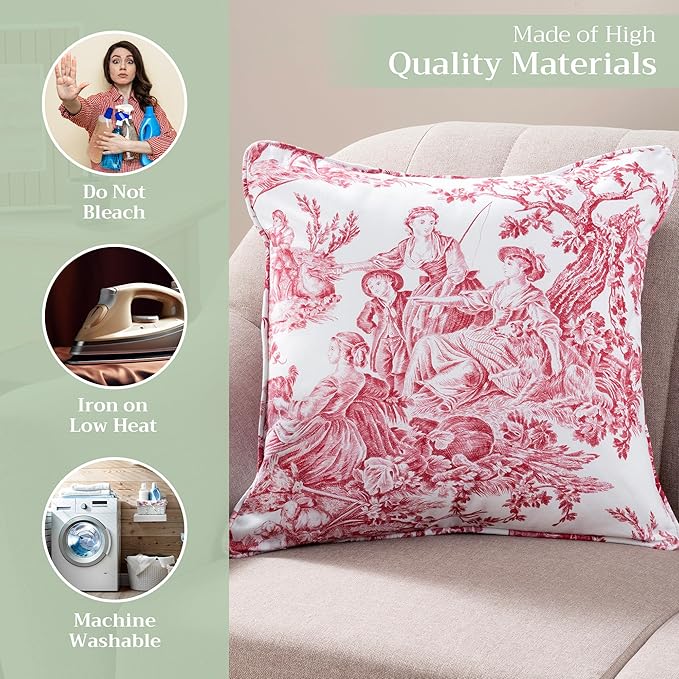 Maison d' Hermine Decorative Pillow Covers 18 x 18 Inch Square 100% Cotton Throw Pillow Covers with Invisible Zipper for Living Room Couch, Chair, Sofas, Bedroom, Home (The Miller - Red (White))