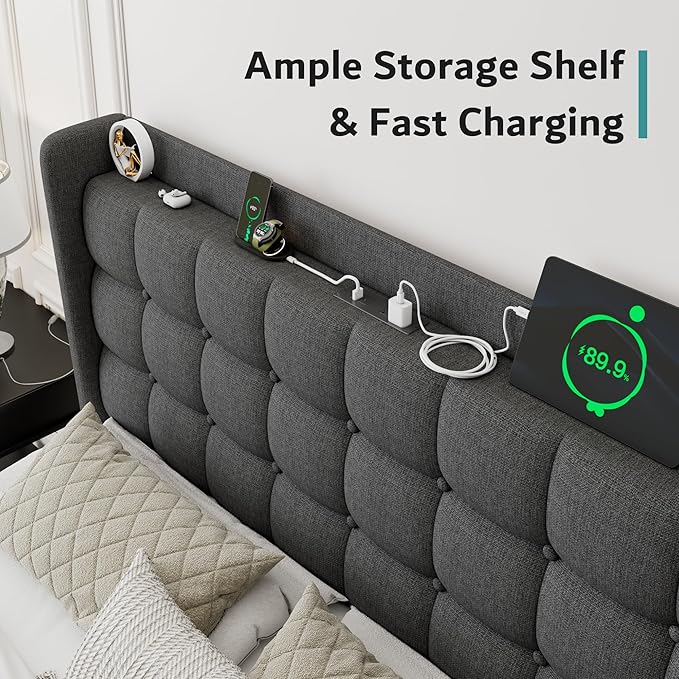 iPormis Queen Bed Frame with Charging & Storage, Upholstered Platform Bed with Button Tufted Wingback Headboard, Heavy-Duty Foundation, No Box Spring Needed, Dark Grey