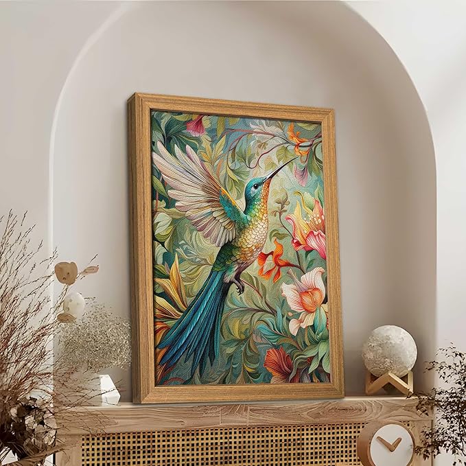 Framed Vintage 3D Textured Wall Art - Colorful Hummingbird Floral Wall Decor - Hand Painted Sandstone Nature Botanical Picture for Living Room Bedroom Home Decor 12x16 inch
