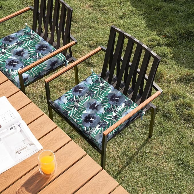 Set of 2 Outdoor Square Chair Cushions 18.5"x16"x2" for Patio, Water Resistant Patio Dining Seat Pads Replacement for Kitchen Garden and Outdoor Furniture Decoration - Blue Salmone Tropical