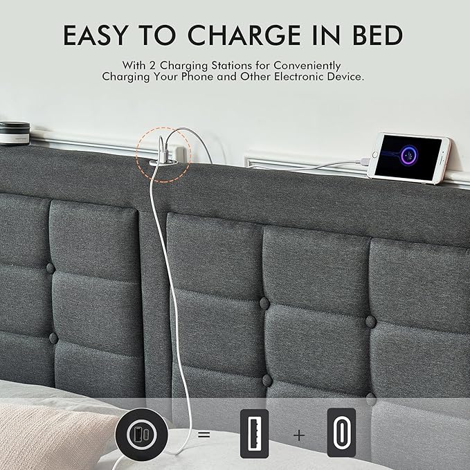 VECELO Full Size Bed Frame with 4 Drawers, Adjustable Tufted Button Headboard, Upholstered Platform with Wood Slats Support, Built-in USB and Type C Ports, Dark Gray