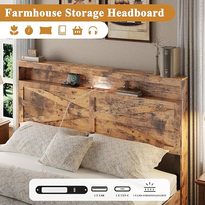 Farmhouse Wooden Bed Frame Queen Size with Storage Headboard, Boho Platform Bedframe with LED Lights and Charging Station, Metal Slats Support, No Box Spring Needed, Brown