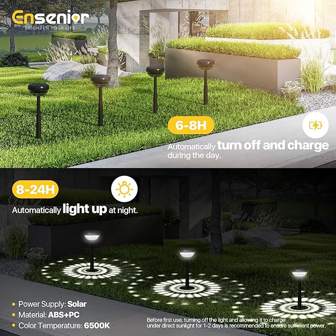 Ensenior 8-Pack Solar Lights Outdoor, Auto ON/Off 6500K LED Solar Garden Lights for Pathway, Yard, Patio, Walkway, Flower Bed, Waterproof, Energy-Efficient Landscape Lighting, Adjustable Height