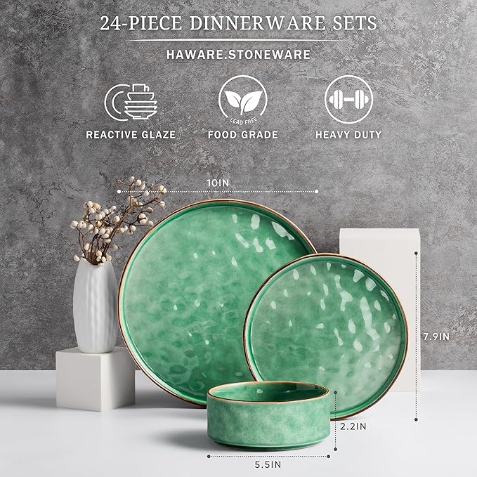 HaWare Dinnerware Sets, 24-Piece Plates and Bowls Set, Stoneware Dish Set for 8, Ceramic Dinnerware for Home Restaurant, Chip and Scratch Resistant, Microwave and Dishwasher Safe, Reactive Green