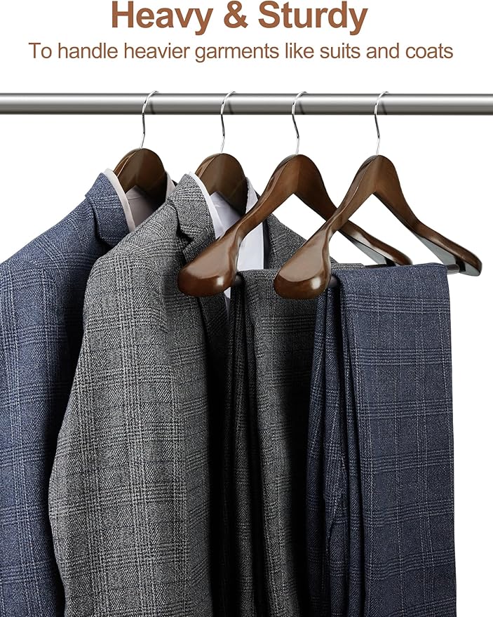 HOUSE DAY Wide Shoulder Wooden Hangers, Suit Hangers with Non Slip Pants Bar, Smooth Finish 360° Swivel Hook Solid Wood Coat Hangers for Dress, Jacket, Pants, Heavy Clothes Hangers 6 Pack (Walnut)