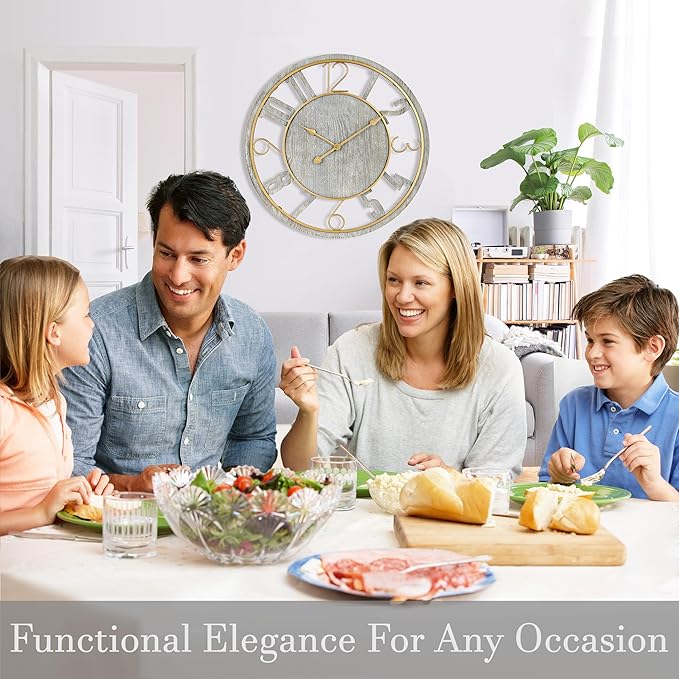 Sorbus 24-Inch Large Wall Clock – Wooden Decorative Clock for Living Room, Kitchen, Bedroom, Office – Easy to Hang Analog Wall Art (Grey)