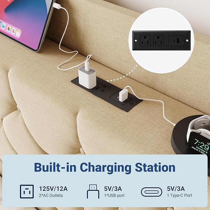 Allewie Full Size Bed Frame, Storage Headboard with Charging Station, Wingback Linen Upholstered, Diamond Stitched Button Tufted, Sturdy Wooden Slats, No Box Spring Needed, Easy Assembly, Beige