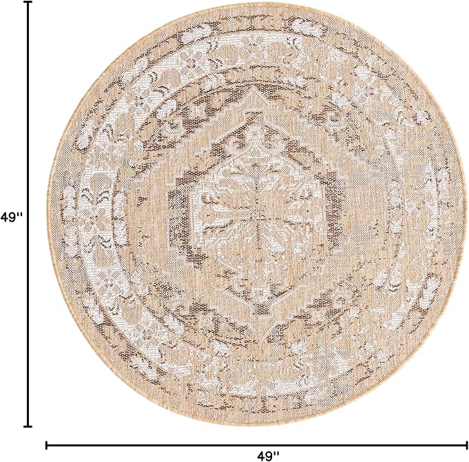 Unique Loom Outdoor Traditional Collection Area Rug - Valeria (4' 1" Round, Natural/ Ivory)