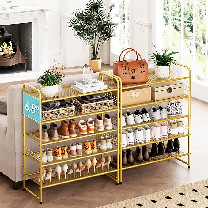 SUFAUY 33" Wide Shoe Rack, 5-Tier Shoe Storage Rack for 24-30 Pairs of Shoes, Mesh Shoe Organizer for Entryway Closet, Steel Frame, Industrial, Gold