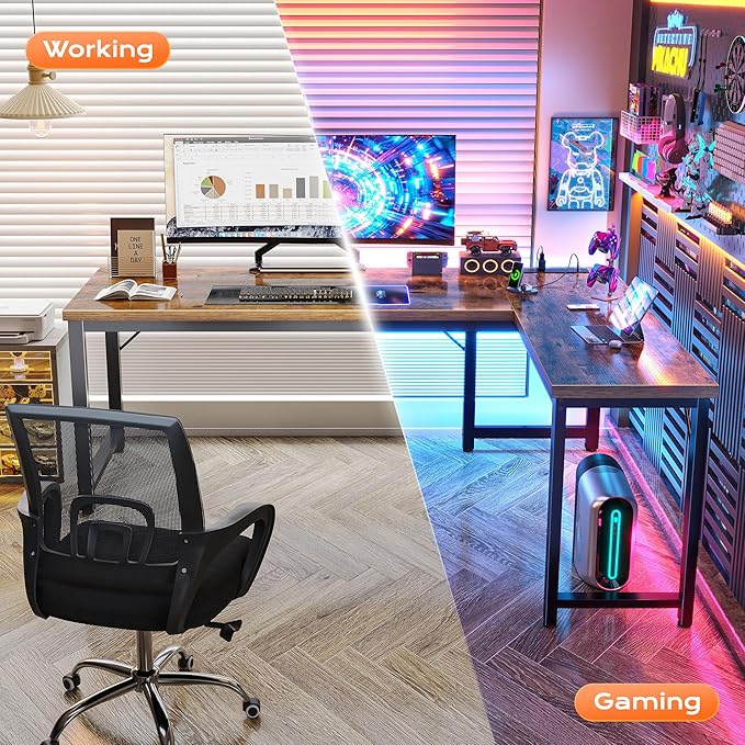 Huuger 63 Inch L Shaped Desk with Power Outlets and USB-C Port, 0.95 Inch Thicker Desktop, Reversible Computer Desk, Larger Office Corner Gaming Desk, Metal Frame, for Home Office, Study, Rustic Brown