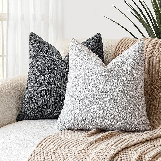 Foindtower Set of 2, Decorative Textured Boucle Throw Pillow Covers Accent Solid Pillow Cases Neutral Soft Cozy Couch Cushion Case for Chair Sofa Bedroom Living Room Home Decor 26 x 26 Inch Light Grey