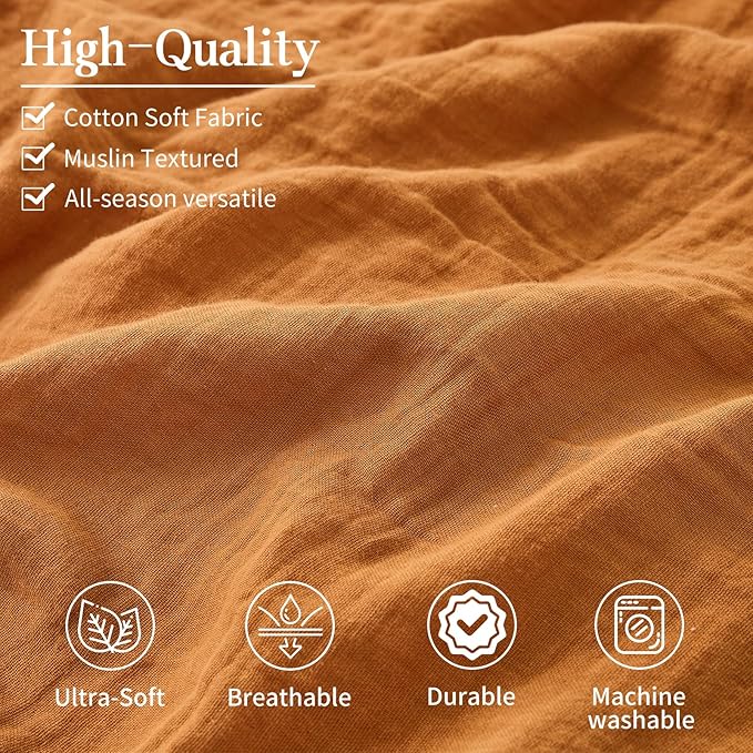 MEISHANG Muslin Duvet Cover Queen Size - 100% Organic Cotton, Soft Textured Gauze Weave Comforter Cover for Breathable All-Season with Zipper Closure - 3 Piece Set (Queen, Brown)