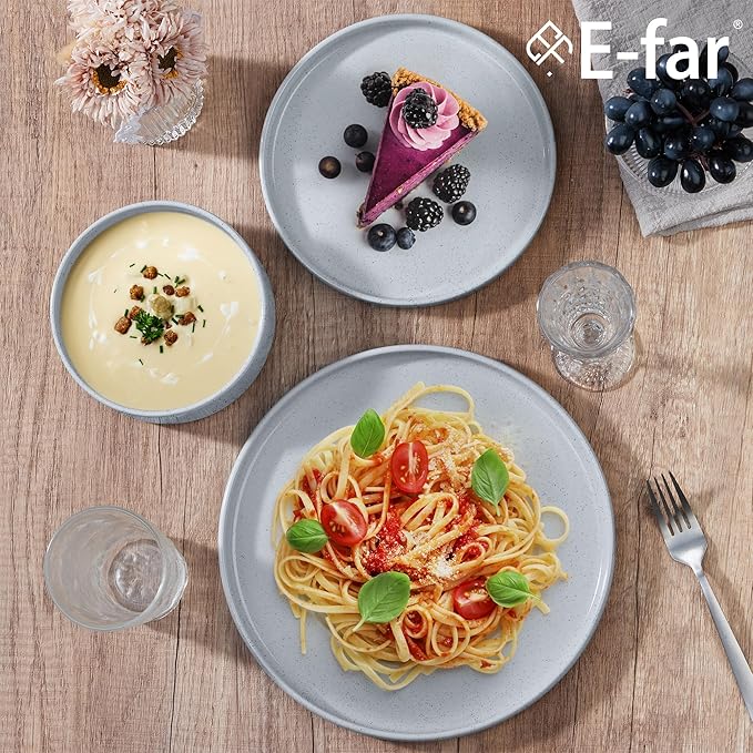 E-far Dinnerware Sets for 8, 24-Piece Stoneware Plates and Bowls Dish Set, Modern Kitchen Dinning Dishware, Chip and Scratch Resistant, Microwave & Dishwasher Safe, Speckled Gray