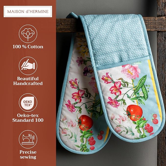 Maison d' Hermine Double Oven Mitts 100% Cotton 7"x35" Double Oven Mitt Heat Resistant BBQ Cooking Gloves with Loop, Baking, Grilling, Home, Kitchen, Handling Hot Pans Spring Summer (Giverny)