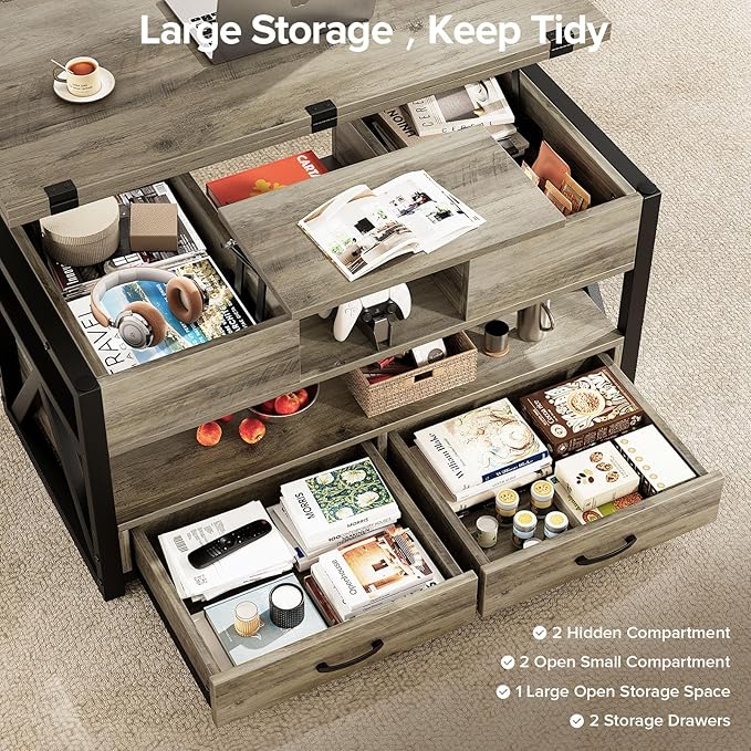 40" Lift Top Coffee Table,4 in 1 Multi-Function Lift Coffee Tables with Storage Drawers and Hidden Compartmen,Farmhouse Coffee Table with Lifting top for Living Room,Grey