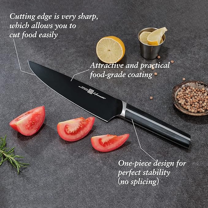 Kitchen Knife Set, 7 Pieces German Stainless Steel Knives Set for Kitchen with Acacia Wood Block, Kitchen Scissors, Box Packed, Elegant Black