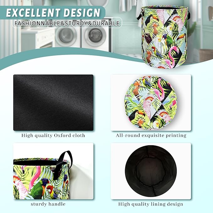 Funny Tropical Birds Laundry Basket Foldable With Handles Tote Bag Oxford Cloth Palm Leaves Laundry Hamper 18.9" x1 6.5" Clothes Storage Bucket Toy Organizer For Bathroom/Laundry/Bedroom