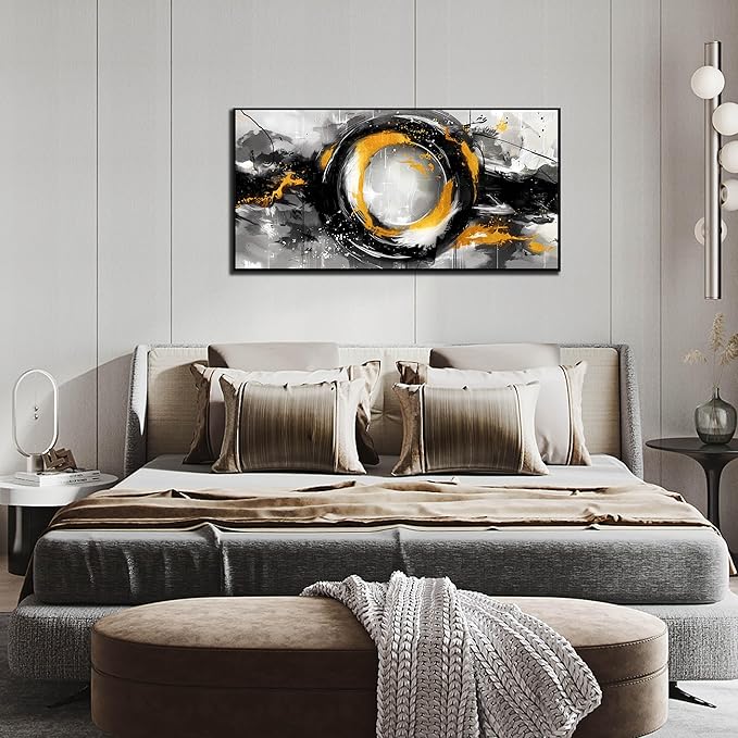 SIXTTART Abstract Circle Wall Art for Living Room - Black White and Gold Modern Canvas Wall Art for Office - Modern Framed Wall Art for Bedroom Size 20" x 40"