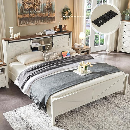 T4TREAM Farmhouse Queen Size Bed Frame w/Storage Bookcase Headboard, Sliding Barn Door, Charging Station, Rustic Wood Platform Bed w/Wood Slats Support, No Box Spring Needed, Antique White