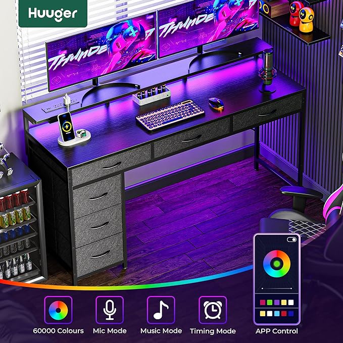 Huuger Gaming Desk with 6 Drawers, Computer Desk with LED Lights Power Outlets and Type-C, 55 Inch Office Desk with Storage, Monitor Stand, Writing Desk Work Desk Home Office, Bedroom, Study, Black