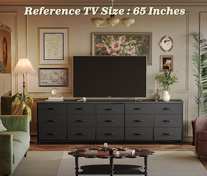 Huuger 78.7 inch Long Dresser for Bedroom, 15 Drawer Fabric Dresser for Closet, Large TV Stand for 65, 75, 85 inch TV, Wide Chest of Drawer with Storage, 78.7" W x 12.9" D x 26.7" H, Black