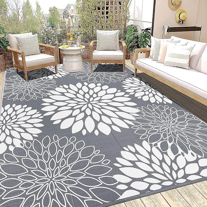 Ileading Reversible Outdoor Rug 8x10Ft Waterproof Patio Rug Carpet Portable Outdoor Plastic Straw Rug Large RV Camping Mat Rug for Patio, Clearance, Deck, Beach, Porch, Camping, Picnic, Grey