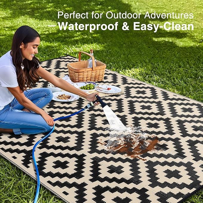 OLANLY Waterproof Outdoor Rug 9x12 ft, Outdoor Plastic Straw Rug for Camping, RV Mat Outside, Outdoor Carpet for Porch, Deck, Backyard, Balcony, Picnic, Black & Beige