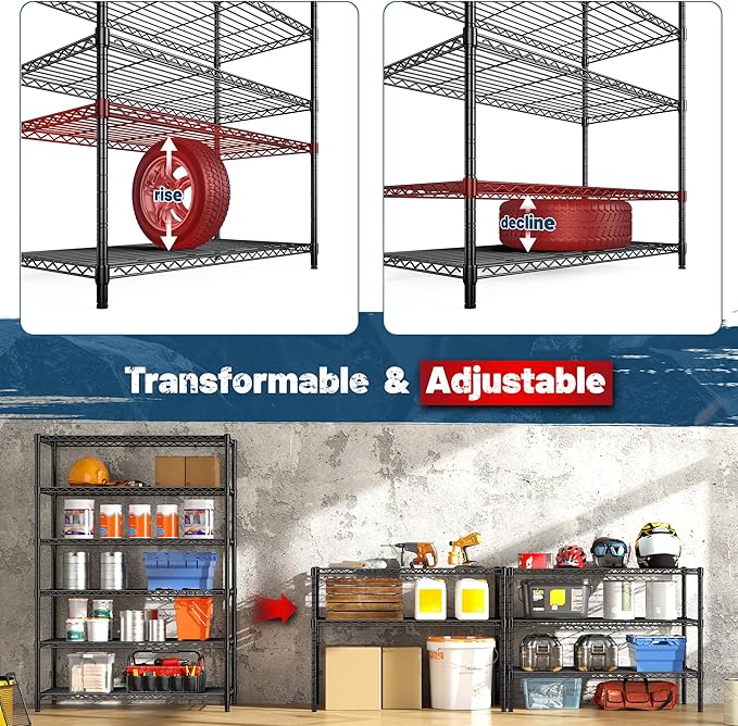 6 Tier Metal Shelving 75" H Adjustable Storage Shelves, 1200LBS Wire Shelving Unit for Storage Rack, Metal Shelves for Pantry Shelves, Garage, Kitchen, 75" Hx 36" Wx 18" D