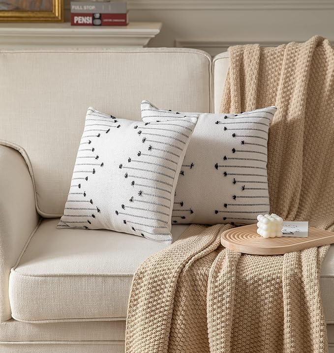 Caflife Boho Throw Pillow Covers 18x18 Set of 2 Decorative Pillows for Bed, Neutral Pillow Covers Beige with Black Line Throw Pillows for Modern Farmhouse Couch Sofa Living Room Outdoor