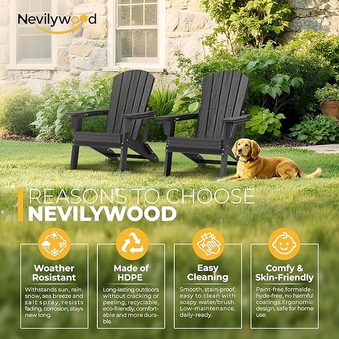 nevilywood Folding Adirondack Chair with Cup Holder Set of 4, HDPE Patio Chairs,All-Weather Outdoor Chairs for Backyard, Deck,Fire Pit-Black