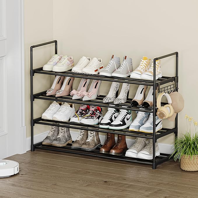 Metal Shoe Rack - 4-Tier Shoe Organizer with Adjustable Shelf Height, Sturdy Shoe Storage Shelf, Perfect for Front Door Entrance, Closet & Entryway, Easy to Assemble, DIY Layering Options (M - 4 Tier)