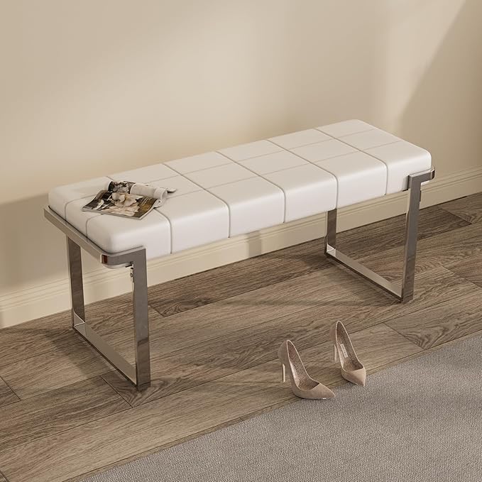 Upholstered Dining Bench, 44.29 Inch Leather Upholstered Bedroom Benches, Entryway Bench for Living Room Kitchen Dining Room(White&Silver)