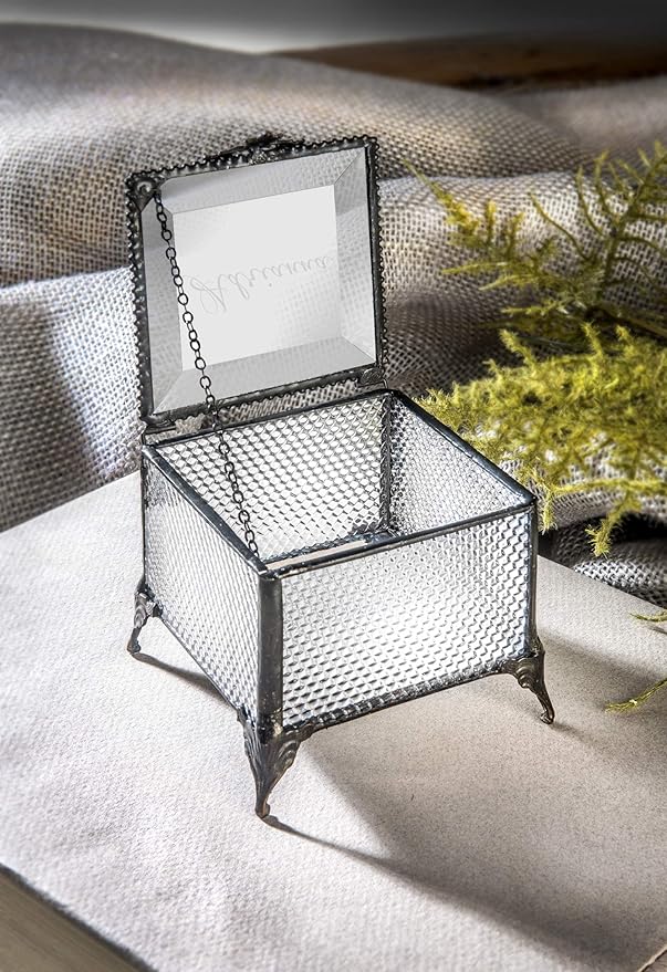 Personalized Clear Honeycomb Glass Box Decorative Vanity Display Case Storage Jewelry Organizer Keepsake Gift for Her Girl Women Vintage Decor J Devlin Ellen Box 825 EB245