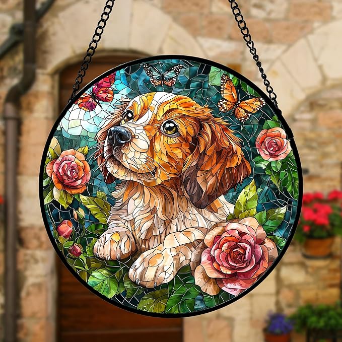 Stained Glass Window Hanging, Dog and Rose Suncatcher for Doors Home Butterfly Sun Catchers Decoration and Christmas, Mother's Day Birthday Gifts for Women, Men, and Mom 9.8 in