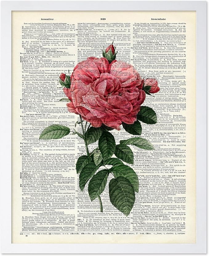 Poster Master Dictionary Art Poster - Pink Roses Print - Flower Art - Floral Art - Gift for Him, Her & Florist - Minimal Decor for Living Room, Bedroom, Dorm or Flower Shop, 16x20 White Framed