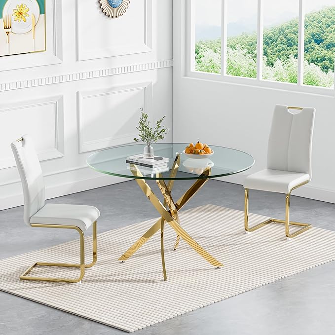Goujxcy 3 Pieces Round Dining Table Set for 2, Modern Gold Glass Kitchen Table and Chairs for 2 with Upholstered Chairs, Circle Coffee Dining Table Set for Small Space,Apartment,Office