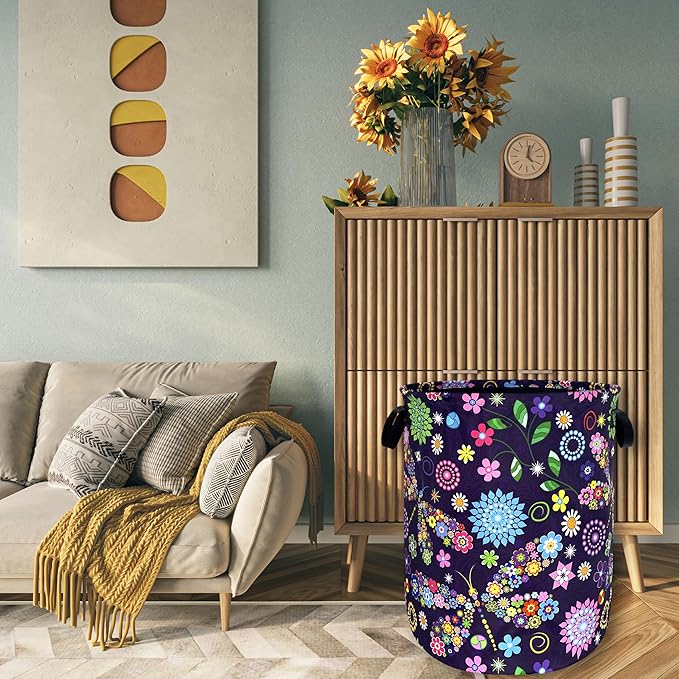 Colorful Hippie Flowers Dargonfly Laundry Basket Foldable Oxford Cloth Laundry Hamper With Handle Portable Clothes Storage Basket 18.9 X 16.5 Inch Storage Bag For Laundry Room/Bathroom/Bedroom