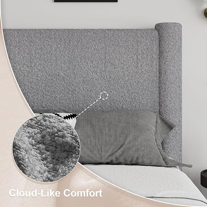 Full Size Bed Frame, Boucle Upholstered Platform Bed with Headboard and Footboard, Soft Rounded Corners, No Box Spring Required, Easy Assembly, Light Grey