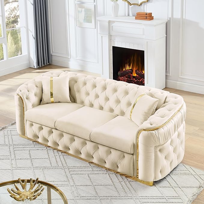 KEIKI 91" Luxury Oversized Velvet Chesterfield Sofa with Gold Stainless Steel Accents and 2 Pillows, Mid-Century Style 3-Seater Button Tufted Couch, Easy Assembly, for Apartment, Living Room, Beige