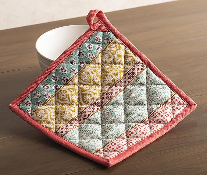 Maison d' Hermine Pot Holders Set 100% Cotton Heat Resistant Potholders 8" x 8" Hot Pads with Loop BBQ, Cooking, Baking, Grilling, Kitchen, Handling Hot Pans Spring/Summer (Pack of 2, Provence)