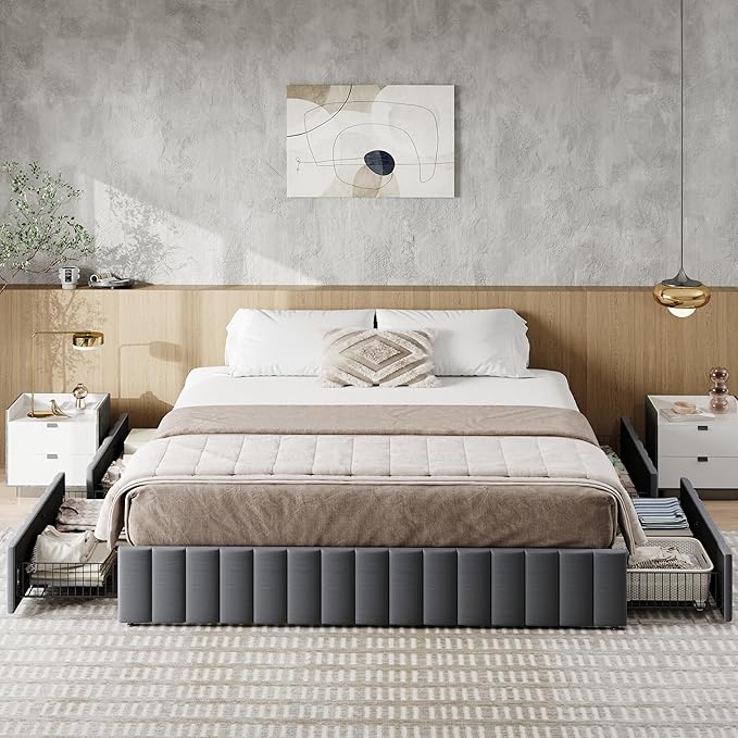 Allewie King Size Platform Bed Frame with 4 Large Storage Drawers, Velvet Vertical Channel Tufted Upholstered Bed Base, Wooden Slats Support, Noise-Free, No Box Spring Needed, Easy Assembly, Grey