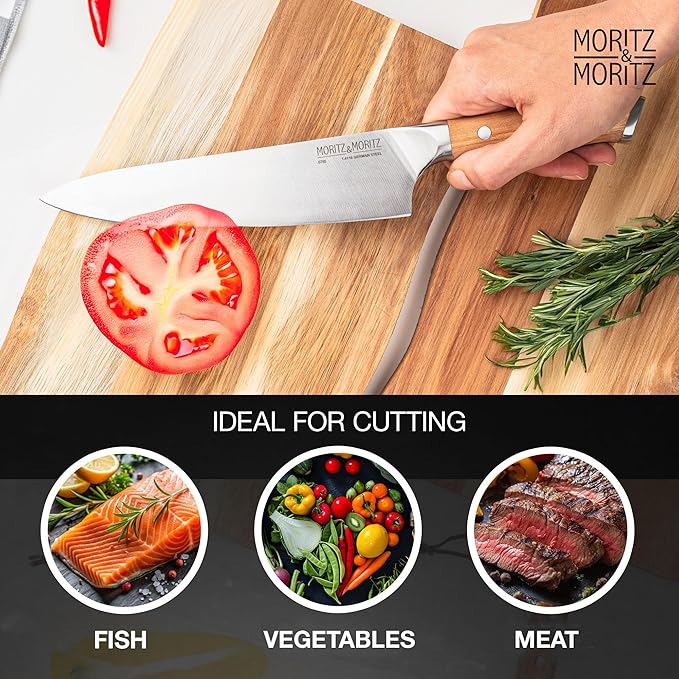 Moritz & Moritz 8-Inch Chef’s Knife, German Stainless Steel Kitchen Knife with Acacia Wood Handle, Professional All-Purpose knives for Slicing, Chopping & Dicing, Razor Sharp & Ergonomic