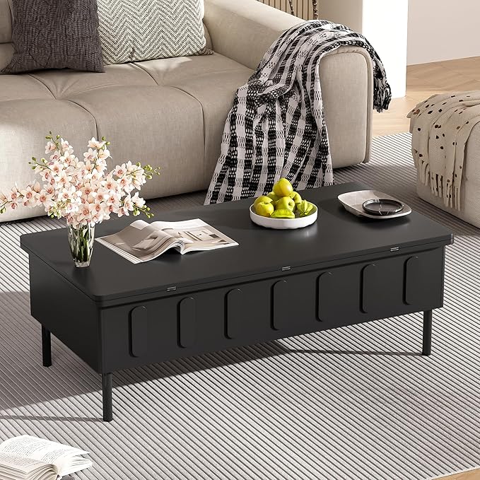 WILLIAMSPACE 43.3" Rectangular Lift-Top Coffee Table with 2 Drawers, Modern Center Table with Foldable Top, Multi-Functional Adjustable Dining Table with Storage Compartment for Living Room, Black