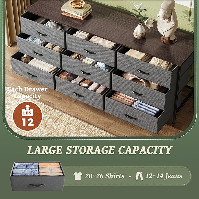 Huuger Long Dresser for Bedroom, 55 Inch TV Stand for 55, 60 Inch TV, Entertainment Center with Drawers, Large Storage 9 Fabric Drawers Dresser, Closet, Dark Grey