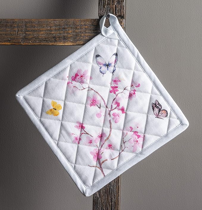 Maison d' Hermine Pot Holders Set 100% Cotton Heat Resistant Potholders 8" x 8" Hot Pads with Loop BBQ, Cooking, Grilling, Kitchen, Handling Hot Pans Spring/Summer (Pack of 2, Blossoms in Spring)